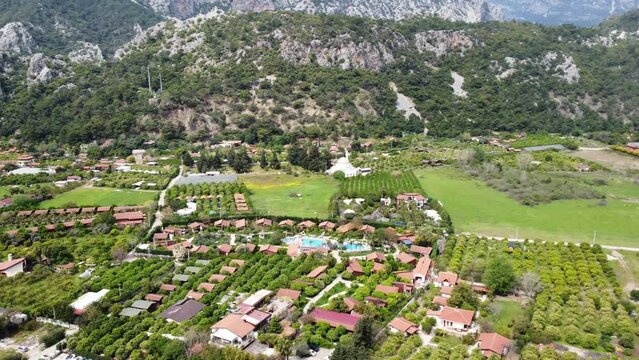 Dron aerial view of the village of Cirali, Likya Yolu, Antalya, Turkey. Cinematic Mountain and Sea View