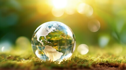 Obraz na płótnie Canvas Transparent crystal sphere filled with sunlight on the grass with blurred background. Glass globe with continent shapes. Protection of water resources concept. Environmental care. 3D rendering.