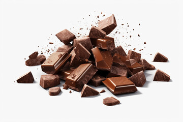 Pieces of chocolate with cocoa powder on a white background
