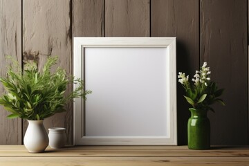 mockup frame, A wooden frame on a seasoned table, paired with a fragrant collection of green herbs for a touch of rustic elegance. Generative AI