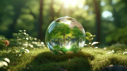 Obraz na płótnie Canvas Transparent crystal sphere in a green forest filled with sunlight. Grass and trees are reflected in the glass globe. Protection of water resources concept. Environmental care. Earth Day. 3D rendering.