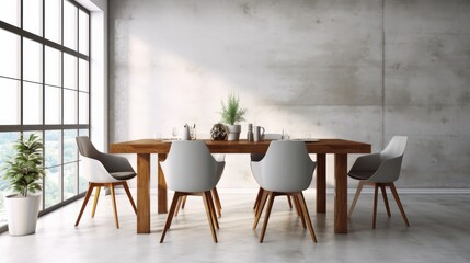 Minimalist composition of loft style dining room interior. Gray concrete walls and floor, wooden table, design chairs, houseplants, table decor, panoramic windows. Mockup, 3D rendering.