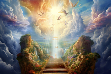 Culture and religion concept. Surreal illustration of path to heaven. Majestic interpretation on heaven and god. Generative AI