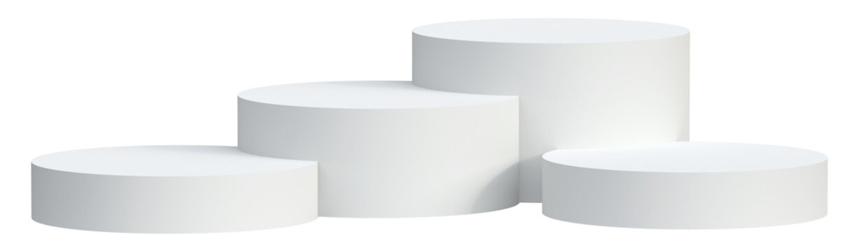 Four white round podiums for product presentation isolated on transparent background