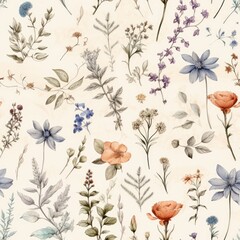 a seamless tileable texture of delicate florals sketched in pencil on a faded antique page generative AI