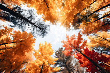 Autumn in the forest. Tree tops seen from below ai generated art