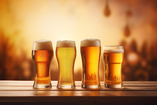Food and drink concept. Set of drinking glasses filled with various types of beer and placed and rural wooden background with copy space. Generative AI