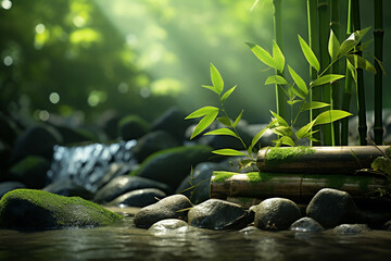 States of mind, meditation, feng shui, relaxation, nature, zen concept. Bamboo, rocks and water background with copy space. Nature illuminated with sunlight. Generative AI - obrazy, fototapety, plakaty