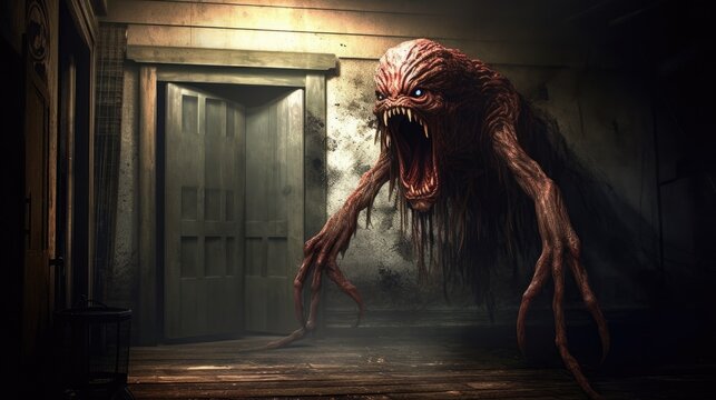 Monstrous creature crawling out of dark woods and swamps. Fear, horror, scary halloween concept
