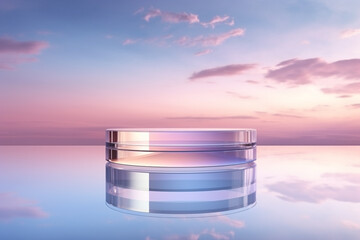 Transparent glass podium on crystal water surface in purple and yellow sunset with clouds sky background. Show case for cosmetic products, new product, promotion sale and presentation. Generative AI - obrazy, fototapety, plakaty