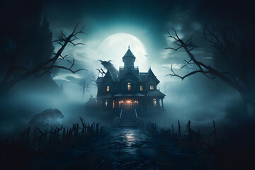 Halloween night scene with mysterious haunted house in the woods and full moon 