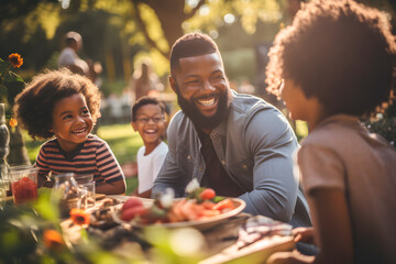 happy family having a picnic in the park. smiling people enjoying time together at barbecue gathering ai generated art