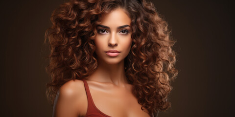 Beautiful woman with curly hair, brunette girl wigh pefect hairstyle on dark background