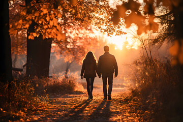 Young couple in love walking in the autumn park holding hands looking in the sunset ai generated art