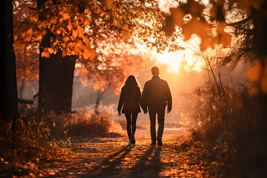 Young couple in love walking in the autumn park holding hands looking in the sunset ai generated art - Powered by Adobe