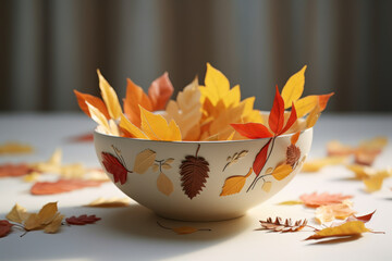 Naklejka na ściany i meble Autumn Elegance: Scandinavian Style Bowl Amidst Golden Leaves