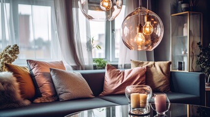 Several glass globe-shaped pendant lights with Edison lamps above a sofa in a cozy living room. Elegant modern interior design with an emphasis on lighting. Mockup, 3D rendering.