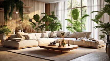 Cozy elegant boho style living room interior in natural colors. Comfortable corner couch with cushions, many houseplants, wooden coffee table, rug on the floor, large window, home decor. 3D rendering.