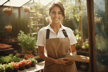Agriculture, lifestyle, food concept. Young, beautiful and happy woman wearing a brown apron in the small back garden, working in the greenhouse and growing vegetables. Generative AI
