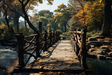 wooden bridge over the river made with AI generative technology