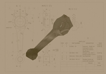 technical drwaing, old black and white connecting rod crank for friction and forces in reciprocating motion converted in rotation