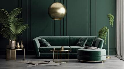 Front view of a modern luxury living room in green and golden colors. Green sofa with cushions, ottoman, houseplants, golden coffee tables, vases, pendant light. Mockup, 3D rendering.