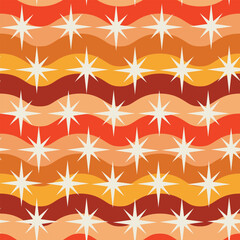 Mid century Atomic starbursts on groovy retro 70s waves seamless pattern. For fabric, textile and home decor 