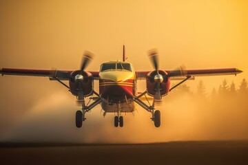 Rescue firefighting aircraft flying at low altitude extinguishes forest fire by dumping water on burning pine forest. Orange glow on the background. Saving forests, fighting forest fires. 3D rendering