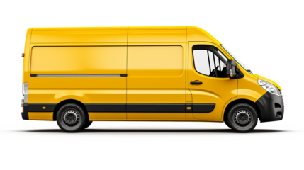 yellow cargo van delivery courier car vehicle transport from the side  on a transparent background made with AI generative technology