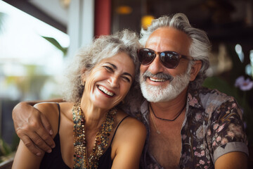 Lifestyles, love and leisure concept. Beautiful happy middle aged couple lifestyle portrait. Generative AI