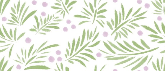 Seamless abstract floral pattern. Green, pink, white. Illustration. Botanical texture. Leaves, berries texture. Design for textile fabrics, wrapping paper, background, wallpaper, cover.