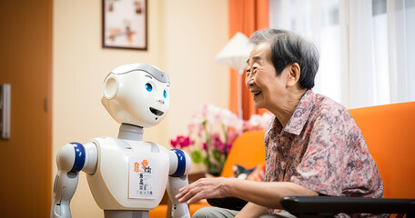 Future of geriatric care with robots in retirement home. Happy old people. - obrazy, fototapety, plakaty
