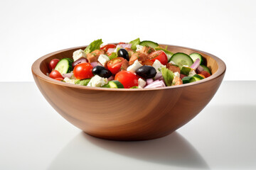 Still life traditional Greek salad presented beautifully in rustic wooden bowl. Salad boasts vibrant colors with crisp cucumbers, ripe tomatoes, tangy feta cheese, olives, and zesty dressing.