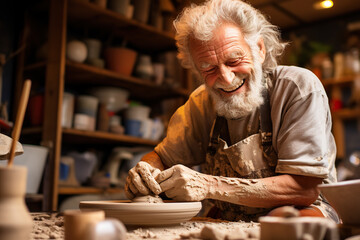 An elderly man gracefully molds clay, his experienced hands shaping artistry while connecting with the craft's timeless essence. Generative AI