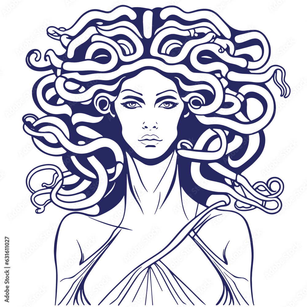 Wall mural medusa gorgon dark blue on a white background. vector illustration