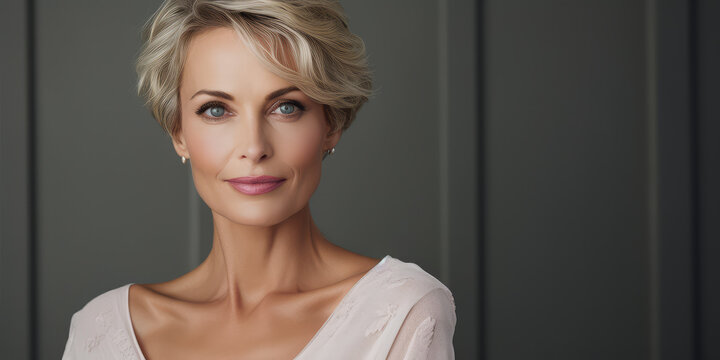 Beautiful older woman on dark background, cosmetics beauty skin care salon advertisement