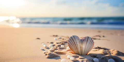 heart shaped sea shell in front of the beach and the sea with copy space