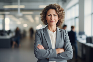 Obraz premium Business concept. Portrait of middle aged businesswoman ceo standing in office with arms crossed. Neutral office background with copy space. Generative AI