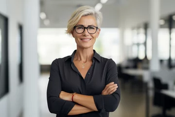Foto op Plexiglas Business concept. Portrait of middle aged businesswoman ceo standing in office with arms crossed. Neutral office background with copy space. Generative AI © Rytis