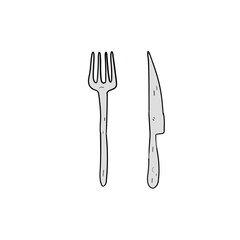 Hand-drawn cartoon metal knife and fork on a white background.