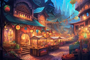 Vibrant Energy and Aromatic Street Food: Exploring a Colorful Night Market Background, generative AI