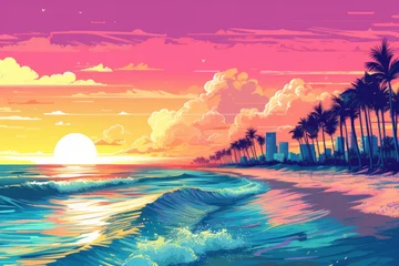 Fototapeten Illustration of Miami beach in a vibrant 1980s retro synthwave style, watercolor masterpiece.   © Enea
