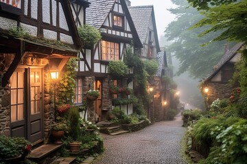 Fototapeta premium Enchanting European Village: Cobblestone Streets, Charming Cottages, and Cultural Heritage, generative AI