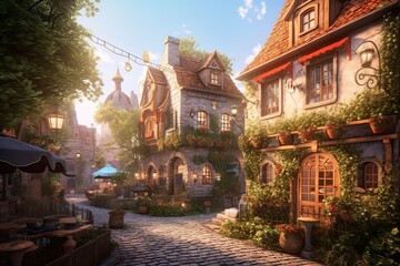 Cozy Atmosphere and Quaint Houses: Explore a Charming European Village with Cobblestone Streets, generative AI