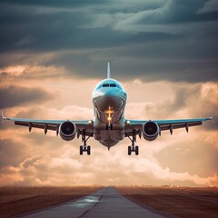 Fototapeta na wymiar passenger airplane taking off against a dramatic sky generative AI