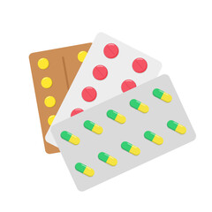 Packaging of medical drugs. Pharmaceutics. Tablets, antibiotics. Flat style. Isolated on white background.