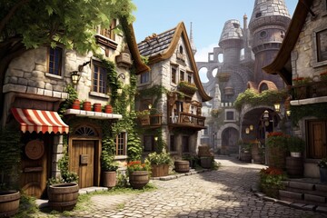 Fototapeta premium Charming European Village: Cobblestone Streets and Old-World Architecture Await, generative AI