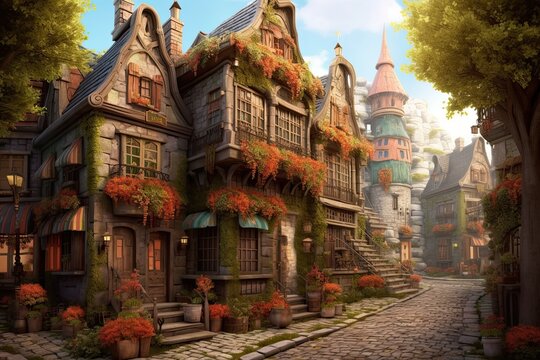 Enchanting European Village: Cobblestone Streets, Colorful Houses, and Cozy Ambience, generative AI