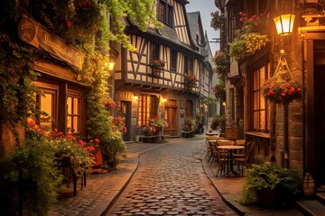 Fototapeta na wymiar Europe's Enchanting Village: Cobblestone Streets, Charming Cafes, and Historical Architecture, generative AI