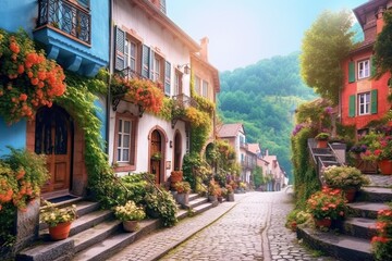Exploring the Enchanting Streets of a Colorful European Village: A Picturesque Escapade, generative AI